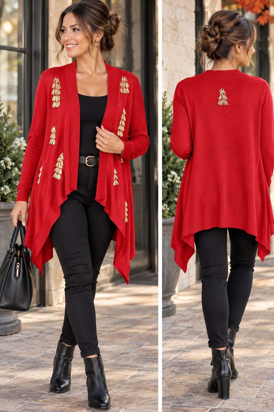 New Michael Simon Workshop Red Gold Beaded Waterfall Cardigan Artsy Boho M